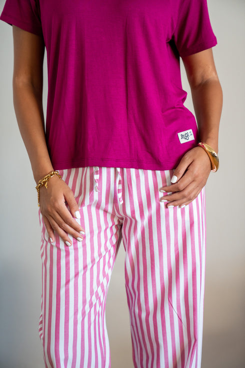 Women summer pajama set Fuchsia T-shirt + Fuchsia Stripes Pants